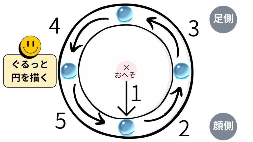 骨盤をお皿に例えてビー玉を転がしお皿のふちをなぞって円を描く