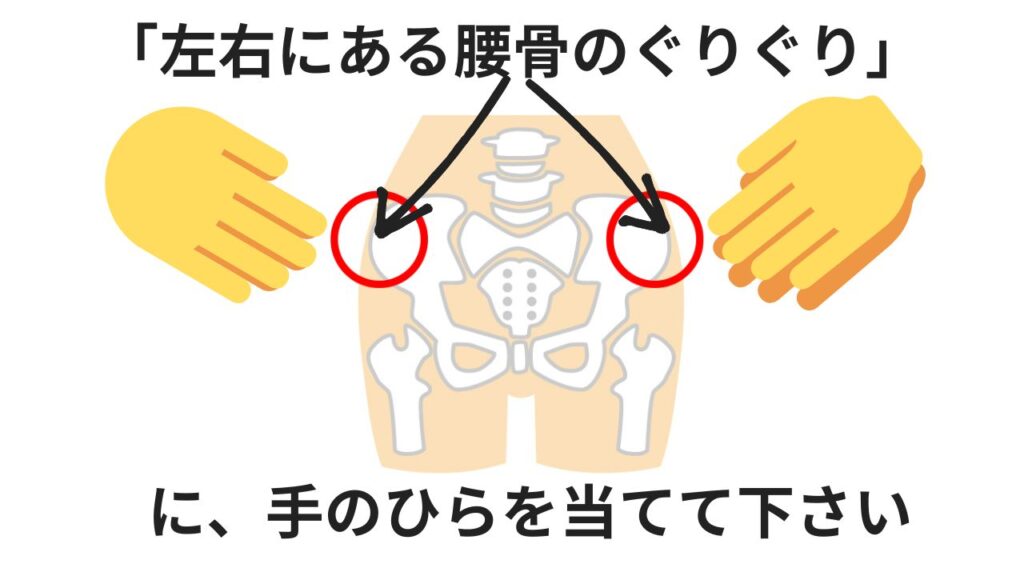 骨盤のストレッチ、腰骨に手を当てる